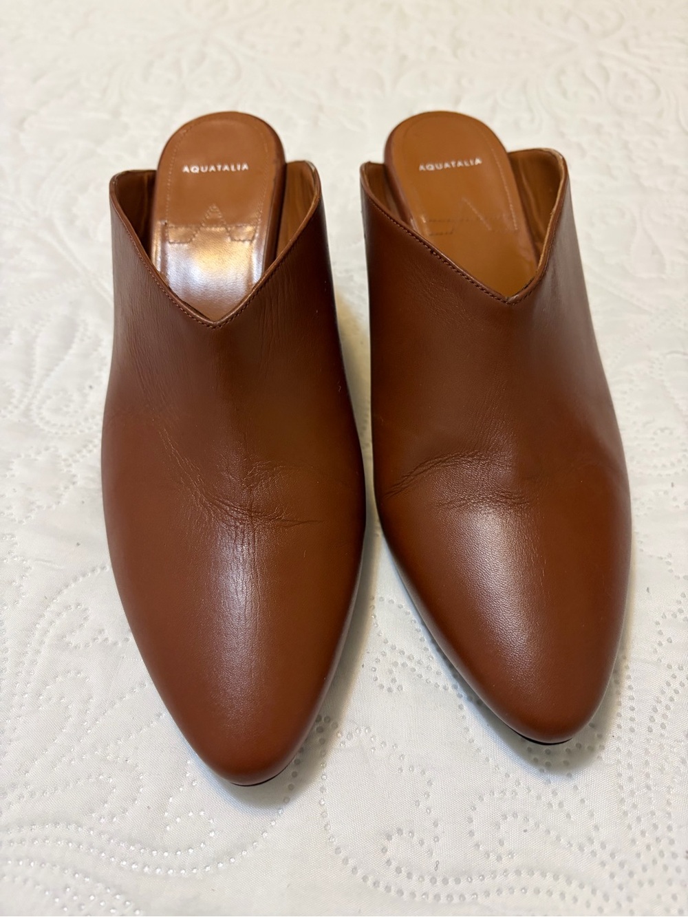 Aquatalia Olima Slip On Mid Heel Mule Chestnut Brown Leather